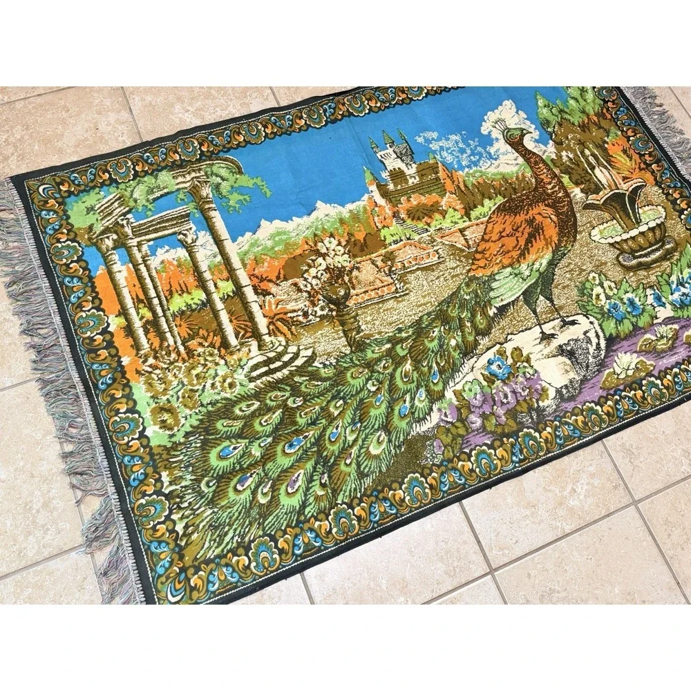 Vintage 1970s Peacock Velvet Tapestry Wall Hanging Castle Fountain 60x39